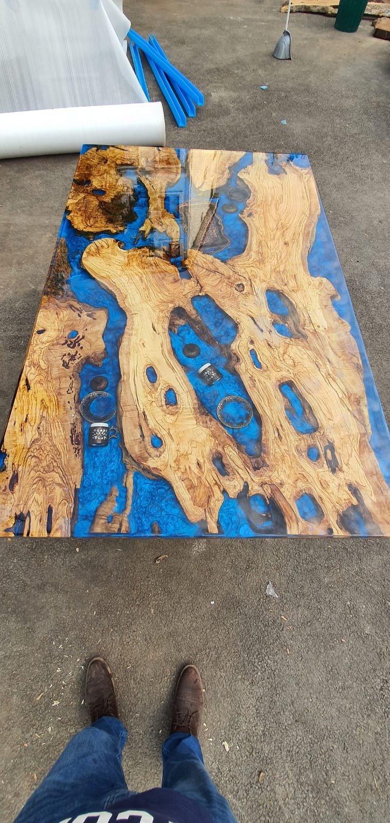 Olive Wood Epoxy Table, Custom 65” x 40” Olive Tree Wood Table, Epoxy Blue River Table, Live Edge Table, Custom Order for Lauren