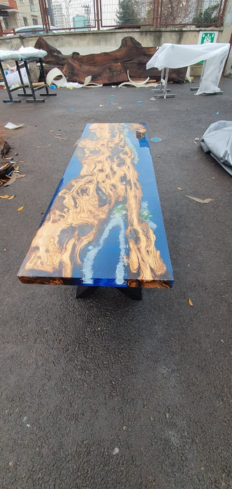 Olive Wood Table, Custom 50” x 17” Olive Blue Turquoise Epoxy Table, River Bench, Custom Epoxy Bench with Turtles, Custom Order for Marie