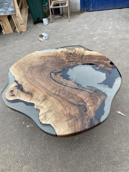 Epoxy Custom Coffee Table, Unique Coffee Table, 48” Diameter Round Walnut Table, Smokey Gray Epoxy Table, Custom Order for Mary
