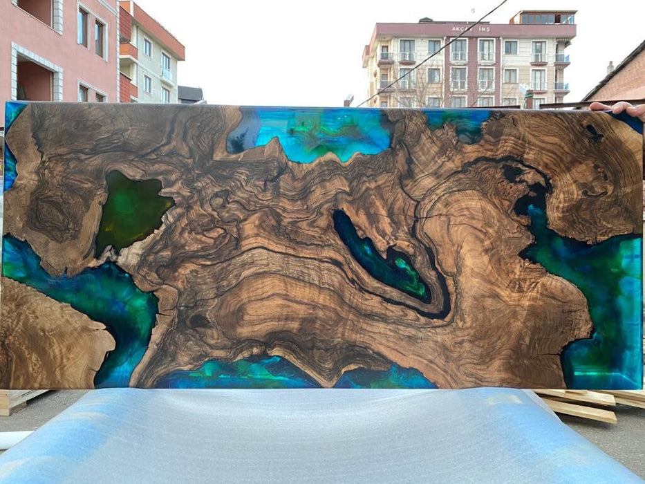 Walnut Dining Table, Live Edge Table, Custom 104” x 45” Walnut Blue, Turquoise, Orange Epoxy Table order for Valerie S