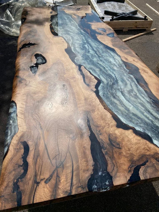 Epoxy Becnh, Epoxy Dining Bench, Epoxy Resin Bench, Custom 86” x 17” Walnut Wood Gray Bench, Marble Affect Epoxy Bench, Order for Audra 3