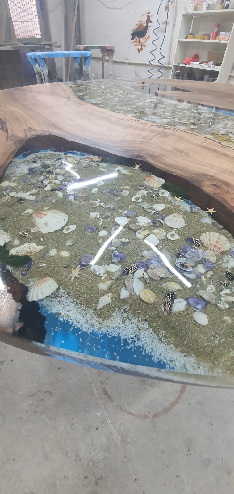 Round Dining Table, Epoxy Table, Epoxy Dining Table, Custom 62” Diameter Round Walnut Blue Beach Theme Table, Dining Table Order for Jose