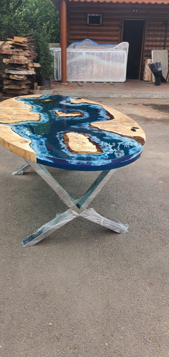 Poplar Table, Live Edge Table, Custom 90” x 45” Poplar Ocean Deep Blue with Ocean Wawes Table, Epoxy River Dining Table, Order for Matt