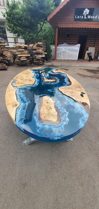 Poplar Table, Live Edge Table, Custom 90” x 45” Poplar Ocean Deep Blue with Ocean Wawes Table, Epoxy River Dining Table, Order for Matt