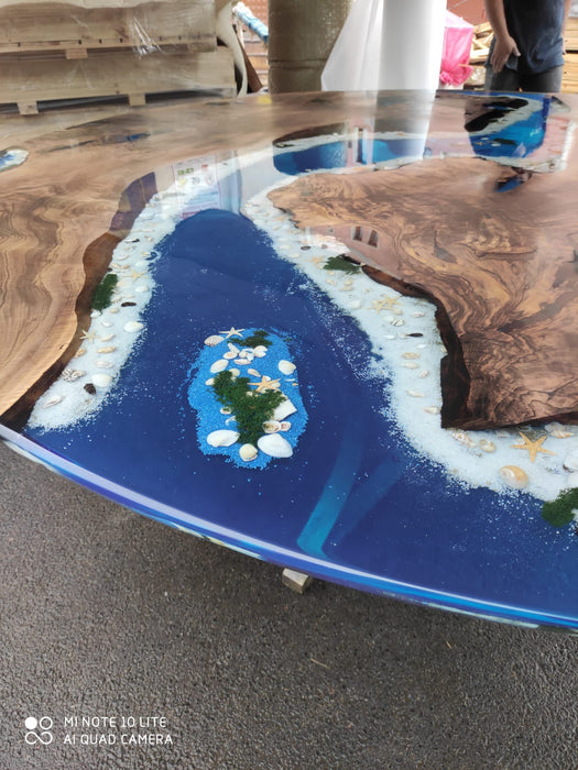 Round Dining Table, Custom 90” Diameter Round Table, Walnut Wood Ocean Theme Table, Epoxy River Table, Custom Order for Kimberly S