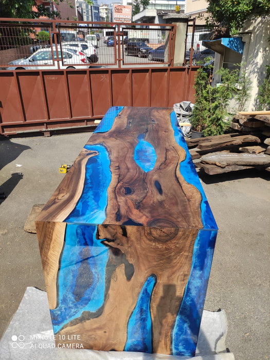 Custom 115” x 36” x 42” Walnut Ocean Blue, Turquoise White Waves Epoxy Table, Epoxy River Dining Waterfall Table, Custom Order for Douglas