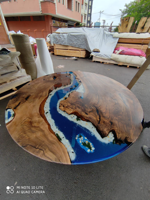 Round Dining Table, Custom 90” Diameter Round Table, Walnut Wood Ocean Theme Table, Epoxy River Table, Custom Order for Kimberly S
