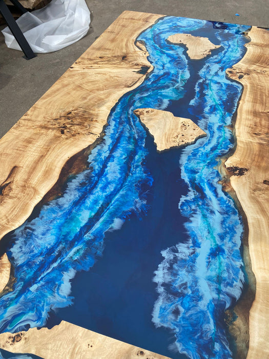 Live Edge Table, Custom 72” x 36” Poplar Wood Blue, Turquoise and White Waves Table,  Epoxy River Dining Table, Custom Order for Carmelita