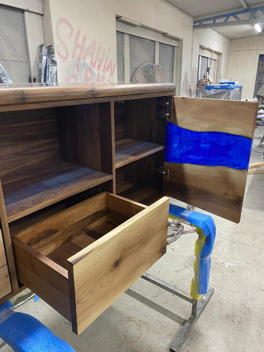 Custom 65” x 16” x 32” Epoxy Console, Walnut Blue Epoxy Resin Cabinet, Blue River Credenza, Walnut Shelf for Home for Leshea