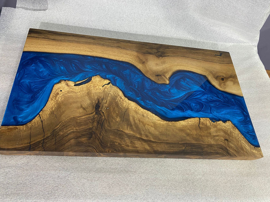 Custom Epoxy Resin River Table, 18” x 10” Walnut Wood Blue Table, Handmade Epoxy Table, Unique Resin Epoxy Table for Home and Office Peggy3