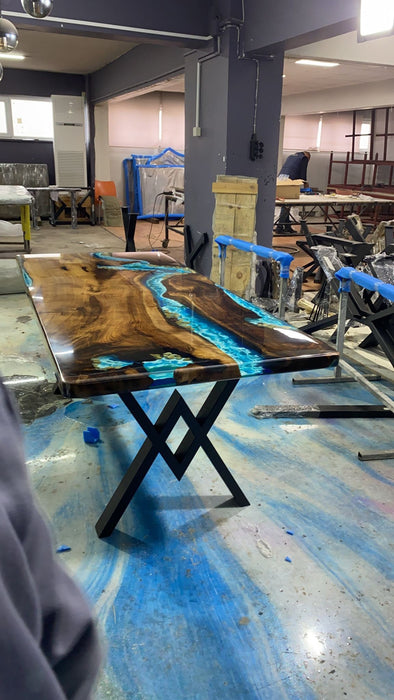 Live Edge Table, Handmade Epoxy Table, Custom 84” x 36” Walnut Blue and Turquise Green Epoxy with Rocks, River Dining Table Order for Vini