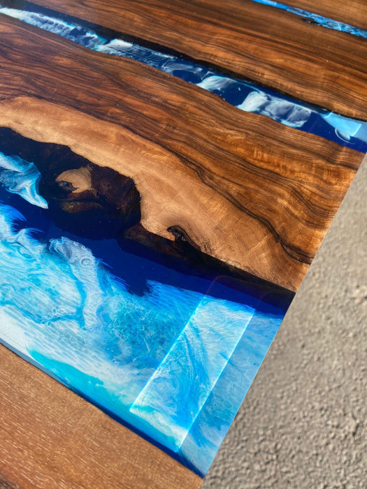 Walnut Dining Table, Live Edge Table, Custom 115” x 50” Walnut Ocean Blue, Turquoise White Waves Epoxy, River Dining Table Order for Kishan