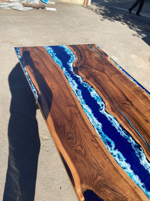Walnut Dining Table, Live Edge Table, Custom 115” x 50” Walnut Ocean Blue, Turquoise White Waves Epoxy, River Dining Table Order for Kishan