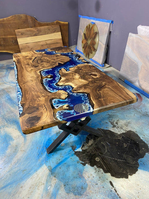 Handmade Epoxy Table, Epoxy Dining Table, Custom 86” x 42” Walnut Blue, Turquoise, Green Epoxy Table, Epoxy Dining Table, Custom for Mari