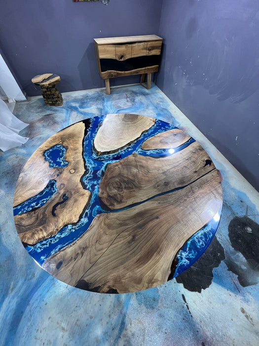 Epoxy Resin Table, Live Edge Table, Custom 72" Round Red Walnut sky blue/powder blue Table, Epoxy Dining Table Order for Ronald T