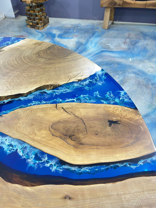 Epoxy Resin Table, Live Edge Table, Custom 72" Round Red Walnut sky blue/powder blue Table, Epoxy Dining Table Order for Ronald T