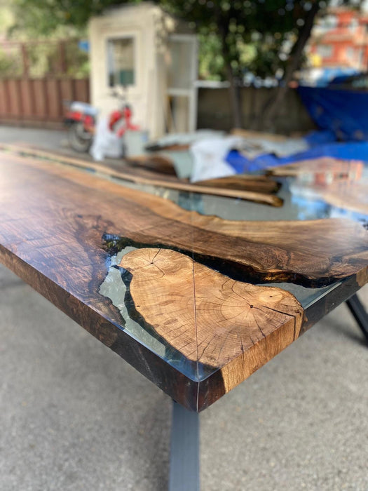 L Shape Epoxy Table, Custom 90” x 72” x 30” Walnut Wood Clear Epoxy Office Desk Order for Kathleen