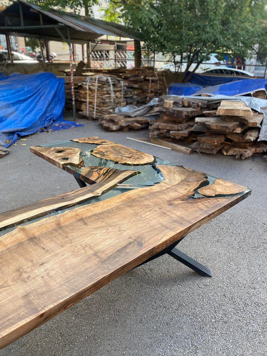L Shape Epoxy Table, Custom 90” x 72” x 30” Walnut Wood Clear Epoxy Office Desk Order for Kathleen