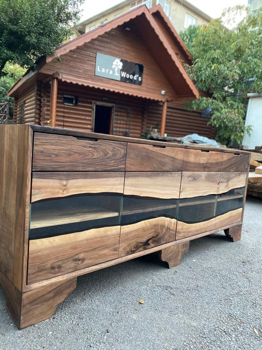 Smoke Gray Epoxy Resin Credenza, Custom 80”L x 24”D x 32”H Walnut Credenza, Wood Credenza, Walnut Epoxy Credenza Order for Kathleen