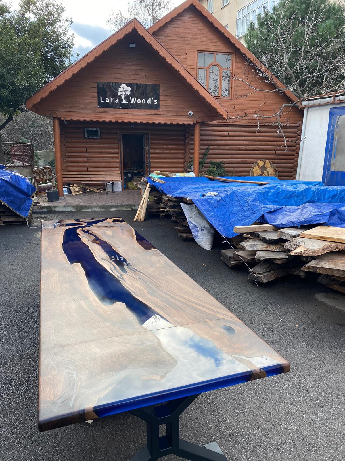 Epoxy Table, Custom 114” x 42” Walnut Wood Deep Dark Blue Ocean Epoxy Table,  Live Edge Epoxy Resin Table, for Paige 1