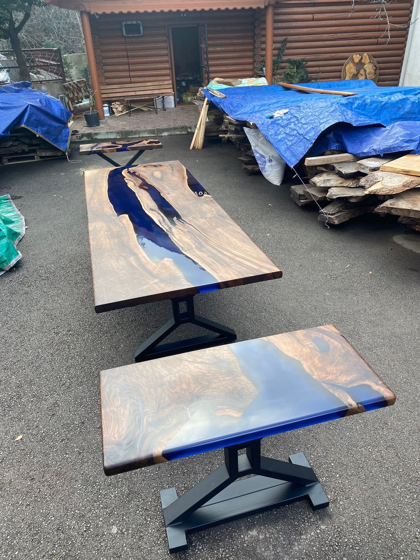 Epoxy Table, Custom 114” x 42” Walnut Wood Deep Dark Blue Ocean Epoxy Table,  Live Edge Epoxy Resin Table, for Paige 1