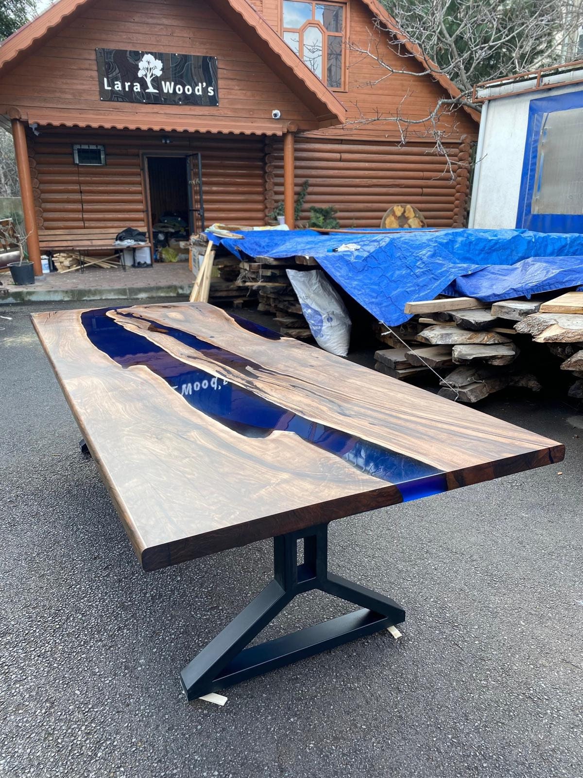 Epoxy Table, Custom 114” x 42” Walnut Wood Deep Dark Blue Ocean Epoxy Table,  Live Edge Epoxy Resin Table, for Paige 1